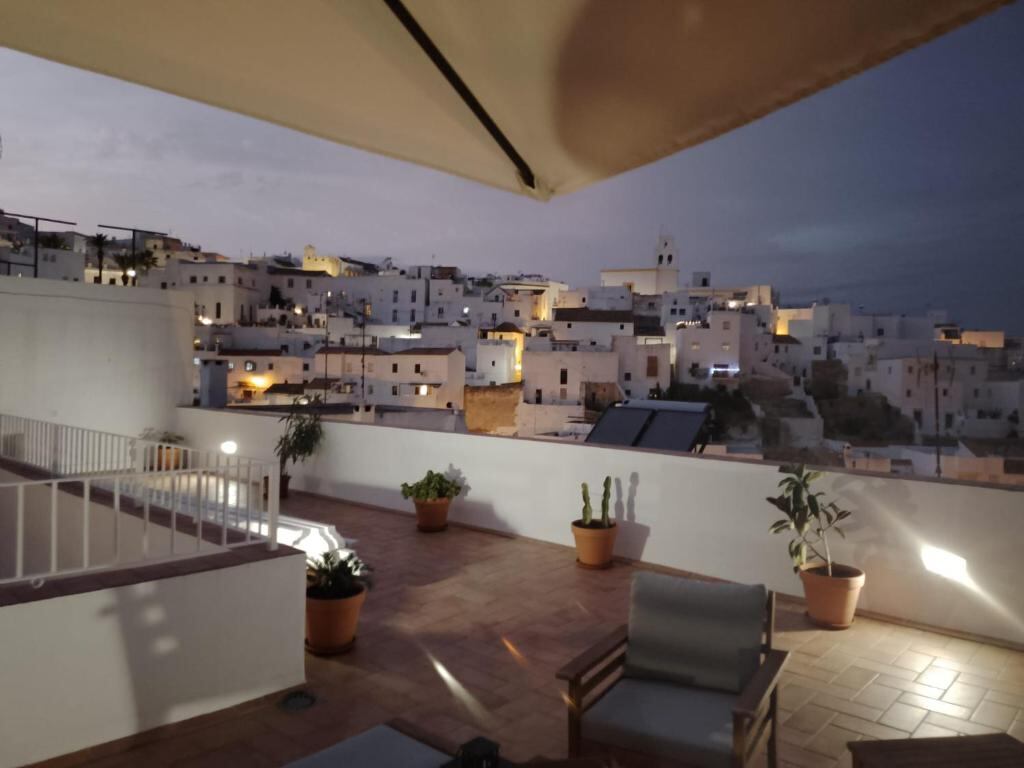 Evening view of the white houses of Vejer de la Frontera from the terrace